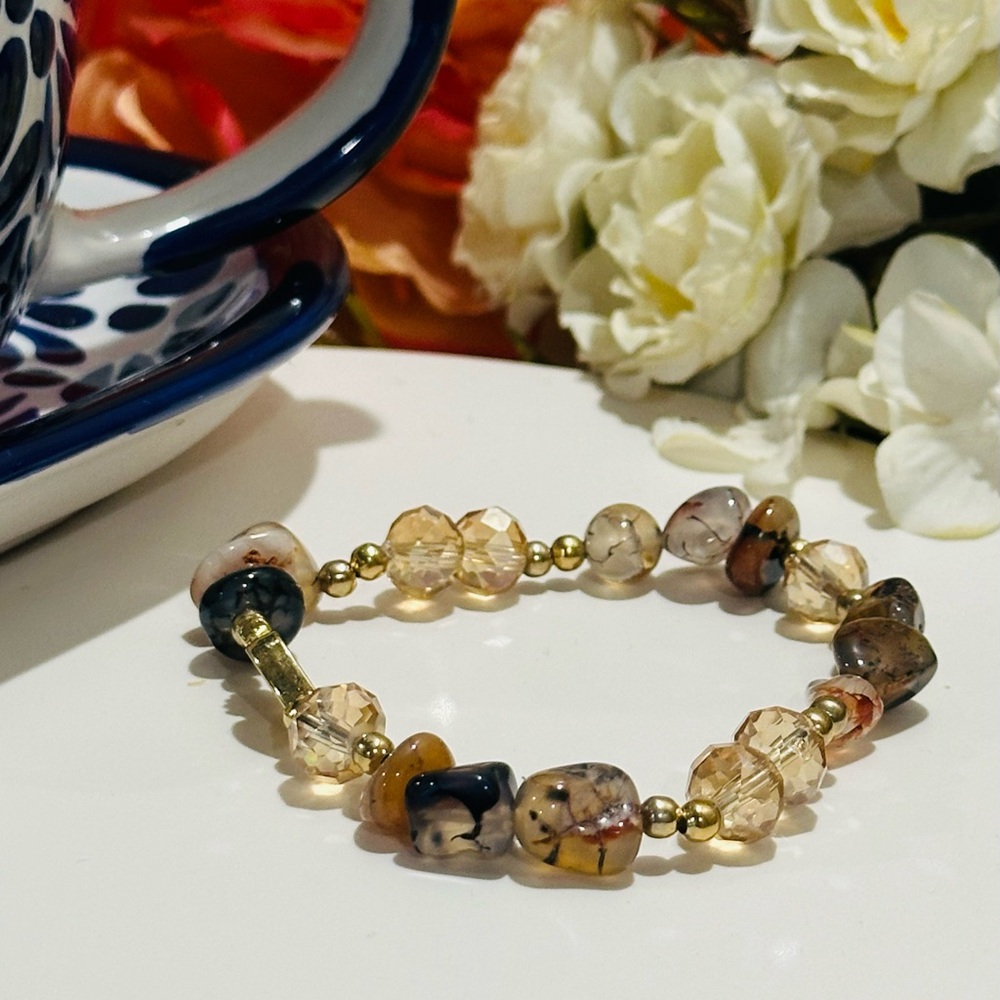 Cream and Brown Quartz Bracelet with Rustic Bohemian Charm